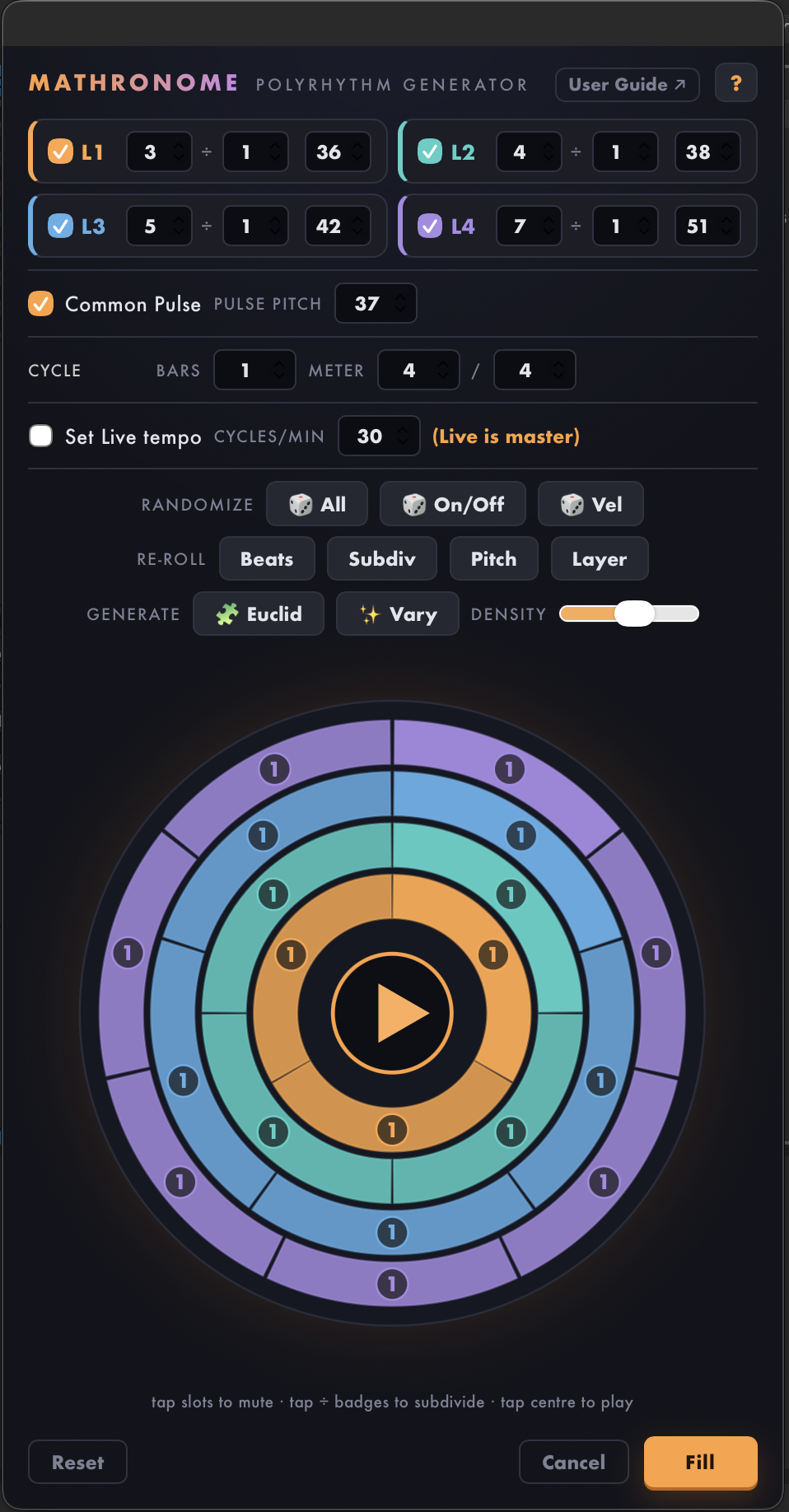 MathRonome for Live 1.0.2 dialog with four enabled 3:4:5:7 rhythm rings, User Guide button, and question-mark Help button